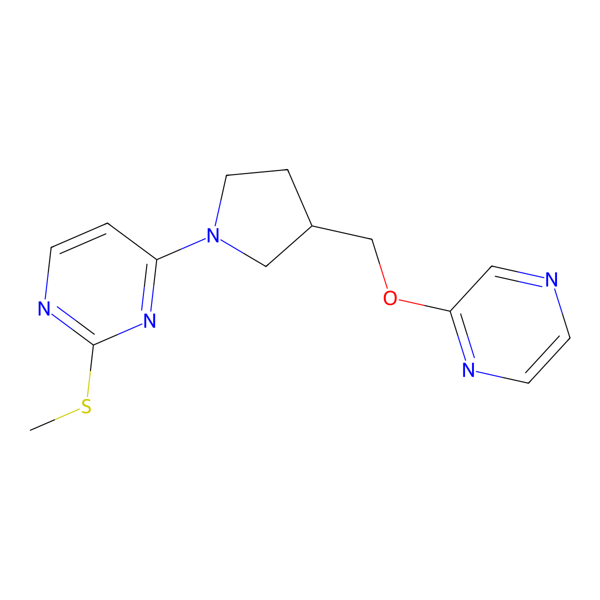 2-(Methylsulfanyl)-4-{3-[(pyrazin-2-yloxy)methyl]pyrrolidin-1-yl}pyrimidine molecular structure, CAS 2770613-75-5
