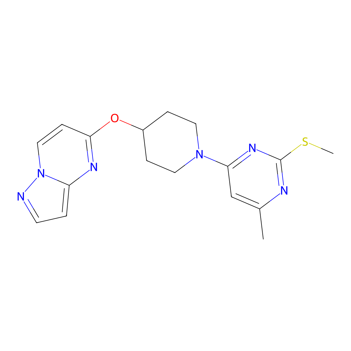 4-Methyl-2-(methylsulfanyl)-6-(4-{pyrazolo[1,5-a]pyrimidin-5-yloxy}piperidin-1-yl)pyrimidine molecular structure, CAS 2770613-79-9