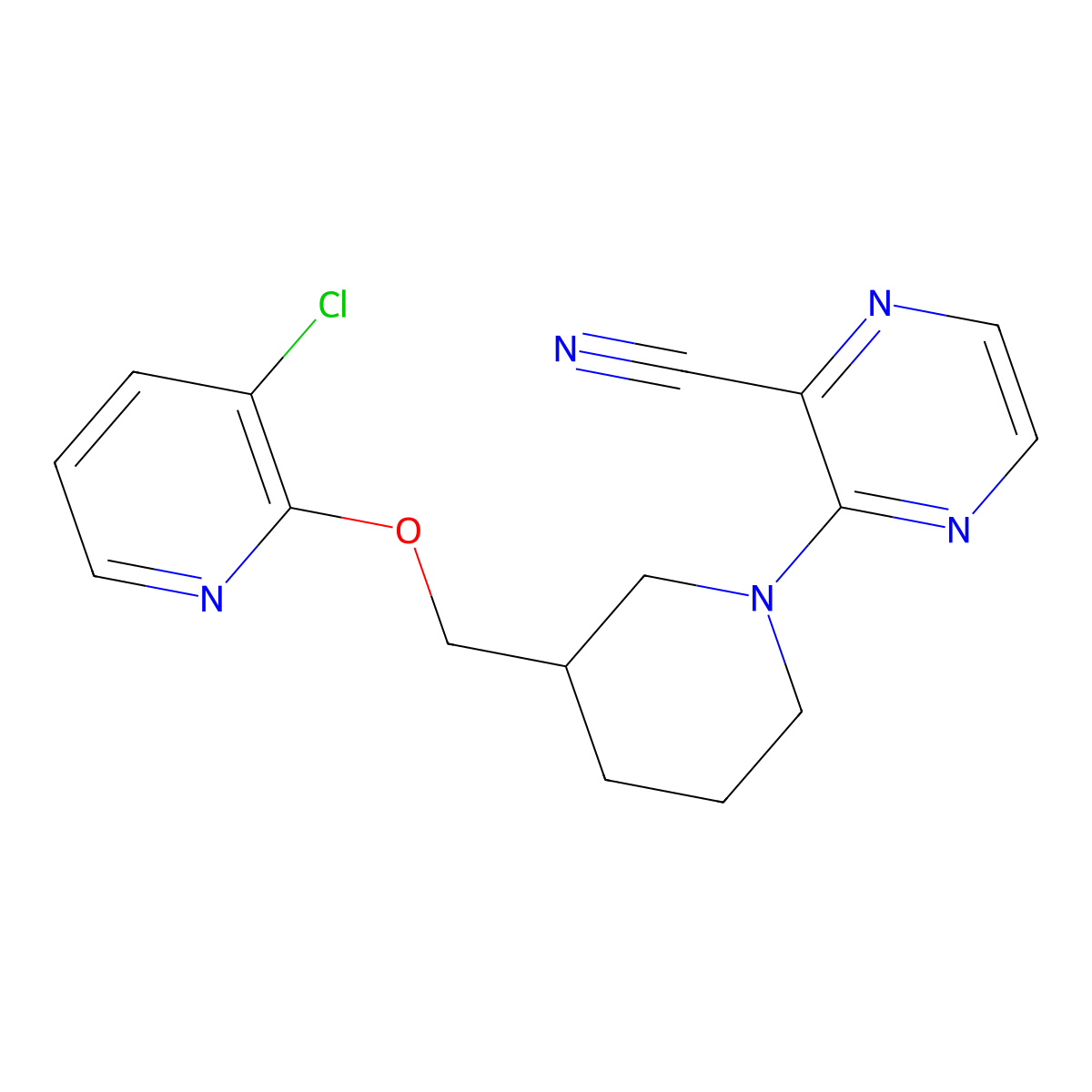 3-(3-{[(3-Chloropyridin-2-yl)oxy]methyl}piperidin-1-yl)pyrazine-2-carbonitrile molecular structure, CAS 2770613-81-3