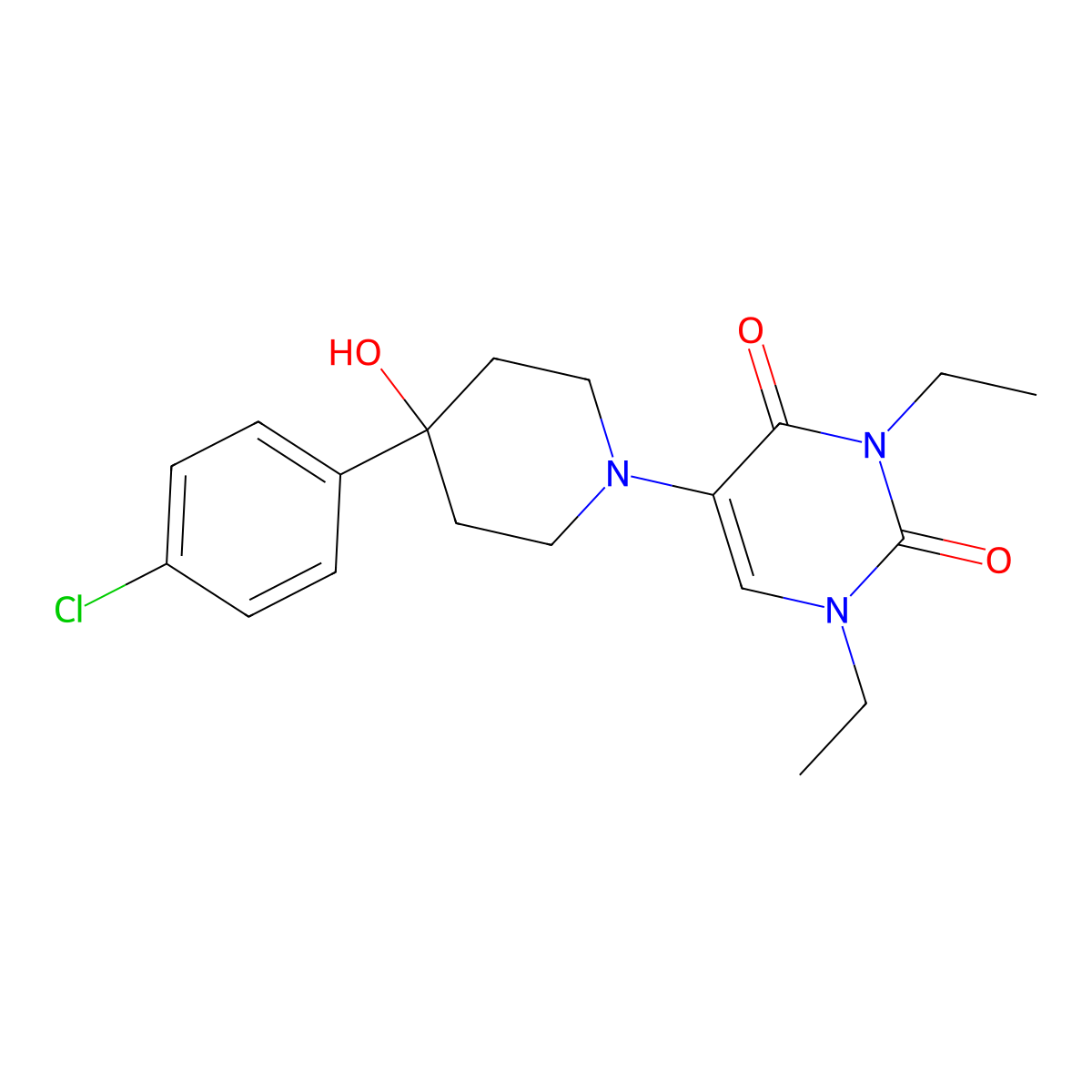5-[4-(4-Chlorophenyl)-4-hydroxypiperidin-1-yl]-1,3-diethyl-1,2,3,4-tetrahydropyrimidine-2,4-dione molecular structure, CAS 2770613-86-8