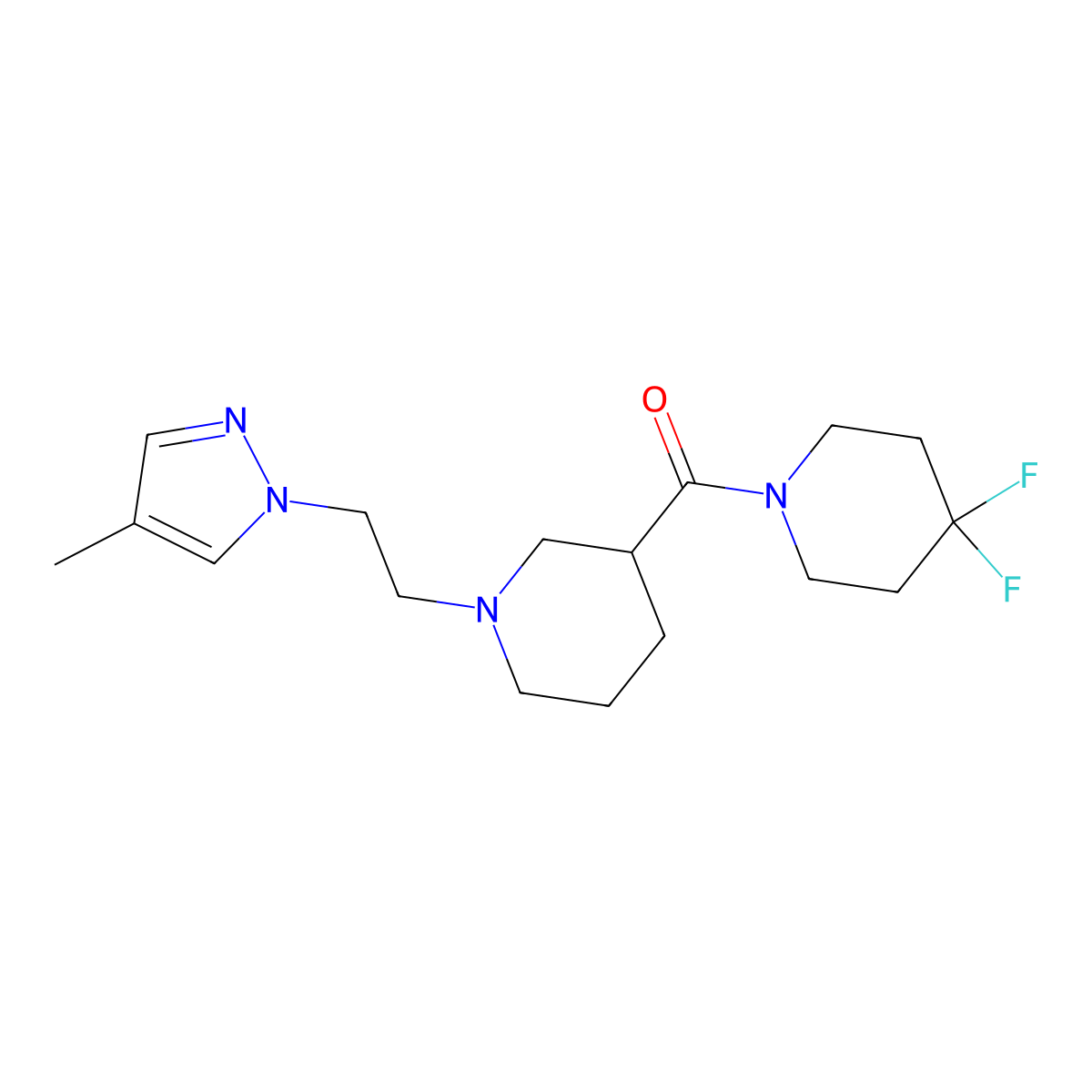 4,4-difluoro-1-{1-[2-(4-methyl-1H-pyrazol-1-yl)ethyl]piperidine-3-carbonyl}piperidine molecular structure, CAS 2770613-89-1