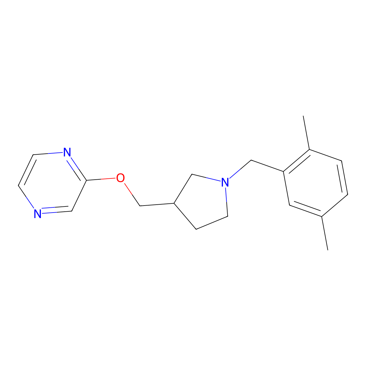 2-({1-[(2,5-Dimethylphenyl)methyl]pyrrolidin-3-yl}methoxy)pyrazine molecular structure, CAS 2770614-00-9