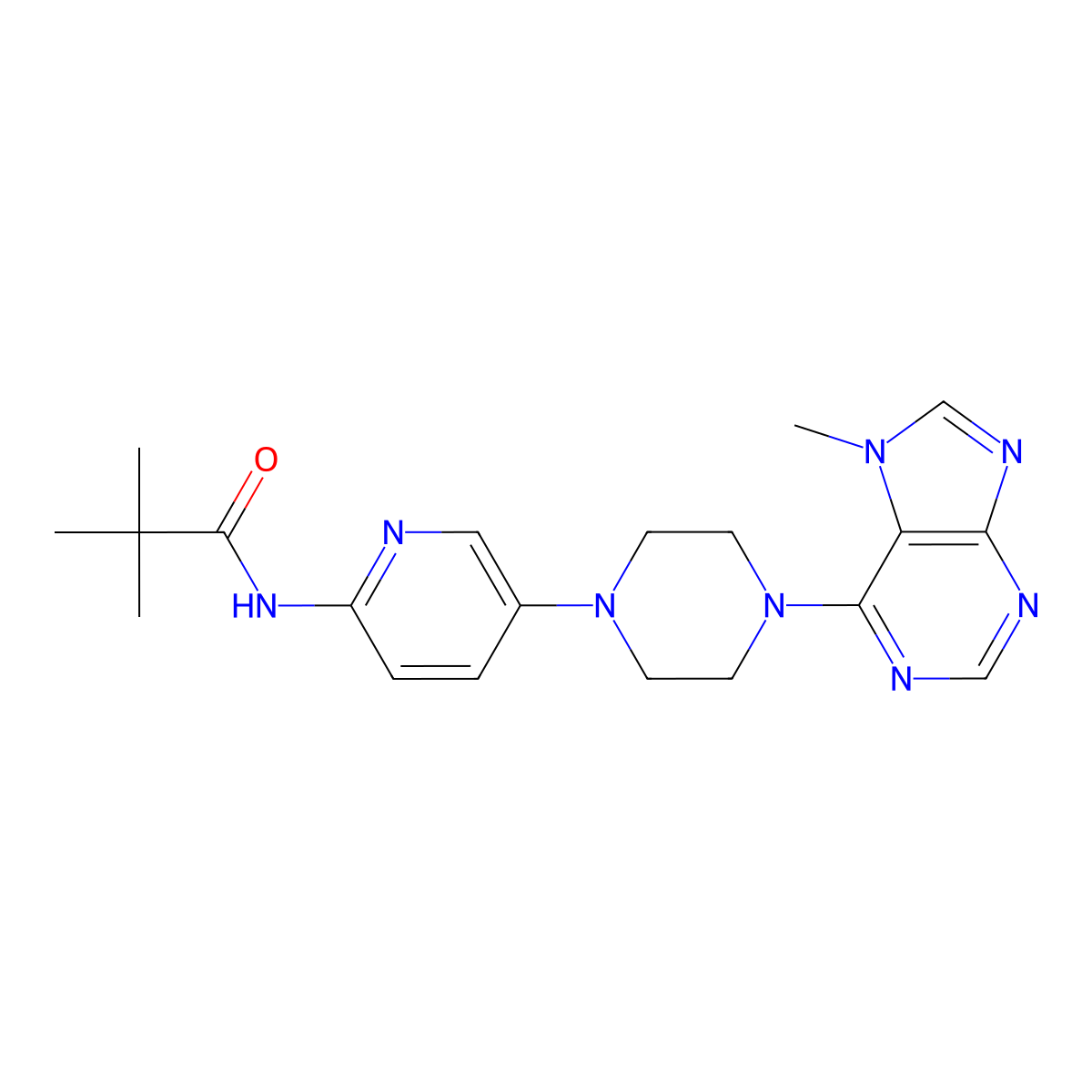 2,2-dimethyl-N-{5-[4-(7-methyl-7H-purin-6-yl)piperazin-1-yl]pyridin-2-yl}propanamide molecular structure, CAS 2770614-02-1
