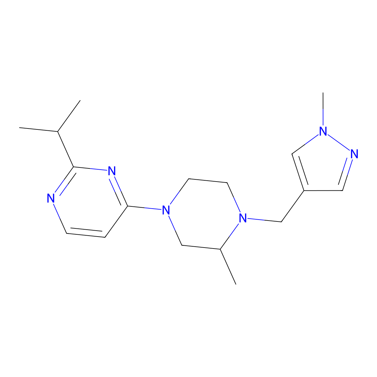 4-{3-methyl-4-[(1-methyl-1H-pyrazol-4-yl)methyl]piperazin-1-yl}-2-(propan-2-yl)pyrimidine molecular structure, CAS 2770614-08-7