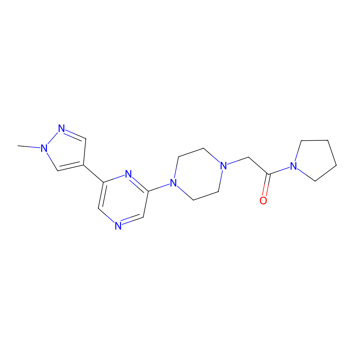 2-{4-[6-(1-methyl-1H-pyrazol-4-yl)pyrazin-2-yl]piperazin-1-yl}-1-(pyrrolidin-1-yl)ethan-1-one molecular structure, CAS 2770614-12-3