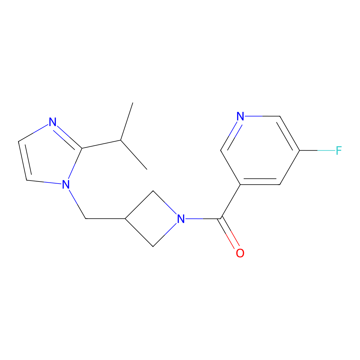 3-fluoro-5-(3-{[2-(propan-2-yl)-1H-imidazol-1-yl]methyl}azetidine-1-carbonyl)pyridine molecular structure, CAS 2770614-14-5
