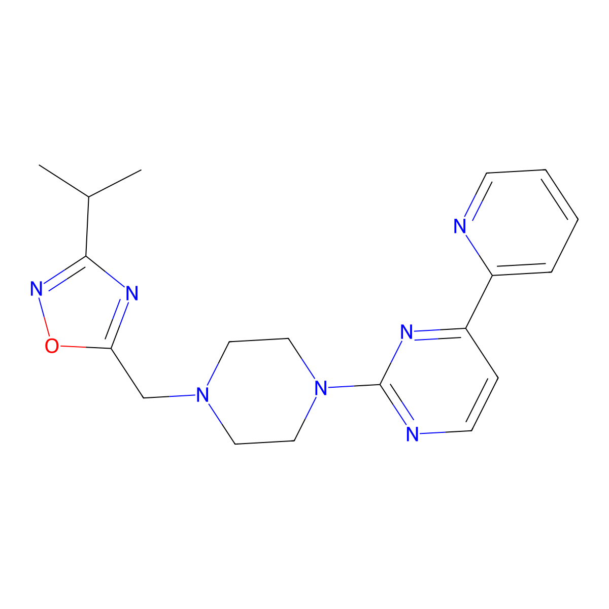 2-(4-{[3-(Propan-2-yl)-1,2,4-oxadiazol-5-yl]methyl}piperazin-1-yl)-4-(pyridin-2-yl)pyrimidine molecular structure, CAS 2770614-20-3