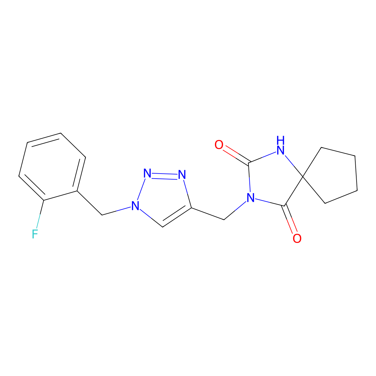 3-({1-[(2-fluorophenyl)methyl]-1H-1,2,3-triazol-4-yl}methyl)-1,3-diazaspiro[4.4]nonane-2,4-dione molecular structure, CAS 2770614-23-6