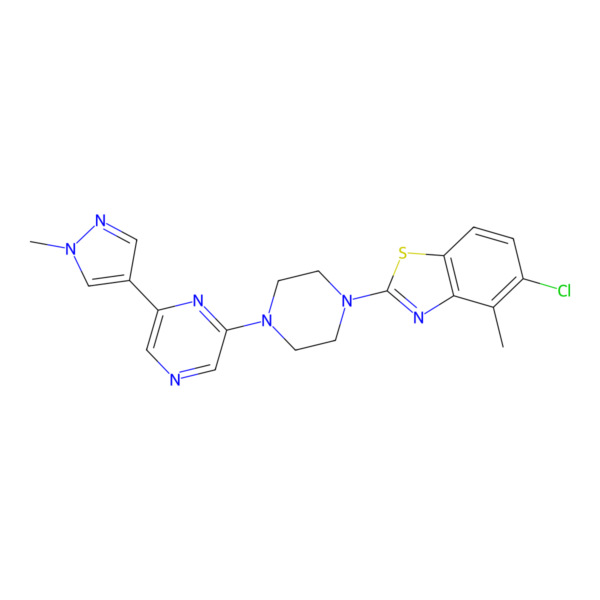 5-chloro-4-methyl-2-{4-[6-(1-methyl-1H-pyrazol-4-yl)pyrazin-2-yl]piperazin-1-yl}-1,3-benzothiazole molecular structure, CAS 2770614-34-9