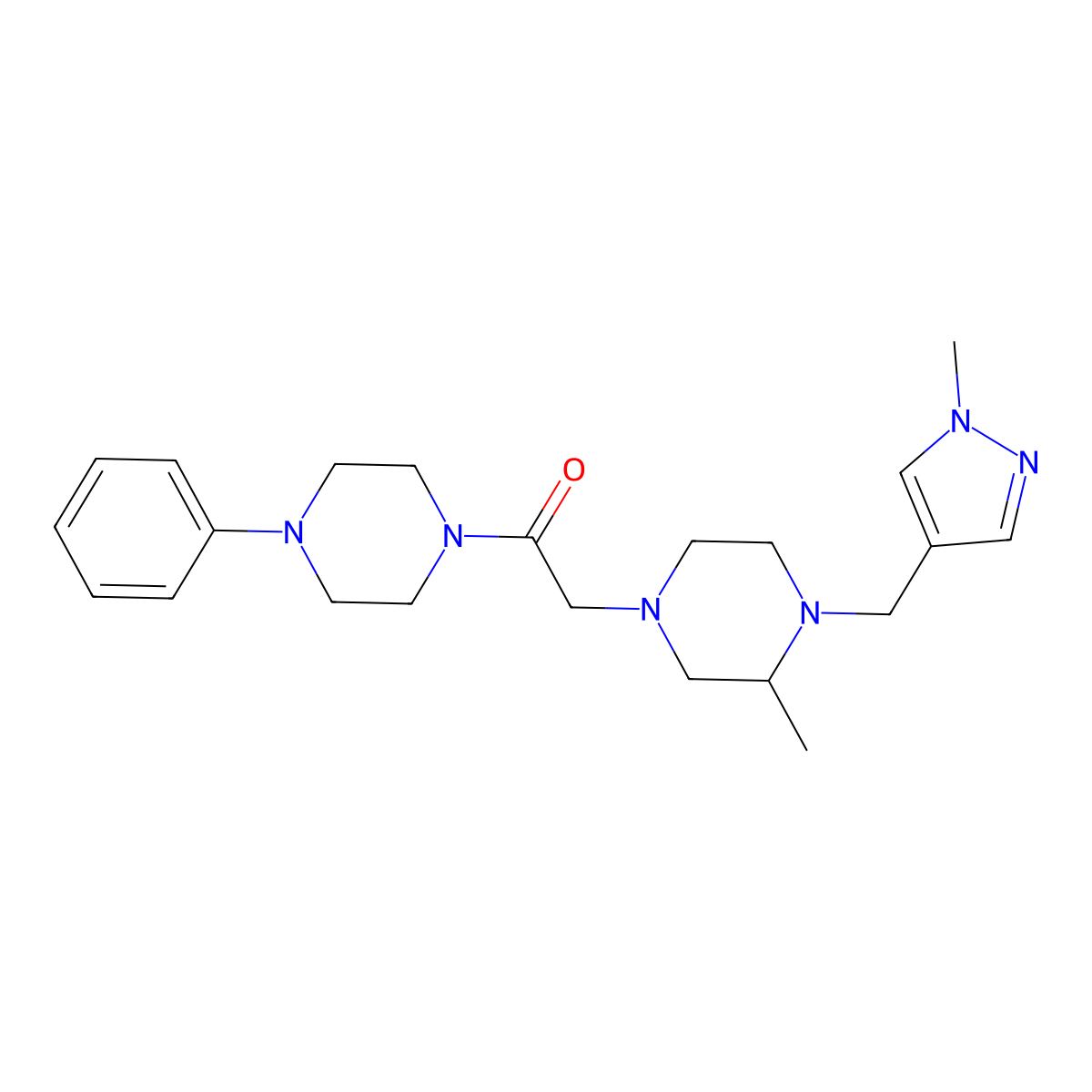2-{3-methyl-4-[(1-methyl-1H-pyrazol-4-yl)methyl]piperazin-1-yl}-1-(4-phenylpiperazin-1-yl)ethan-1-one molecular structure, CAS 2770614-38-3