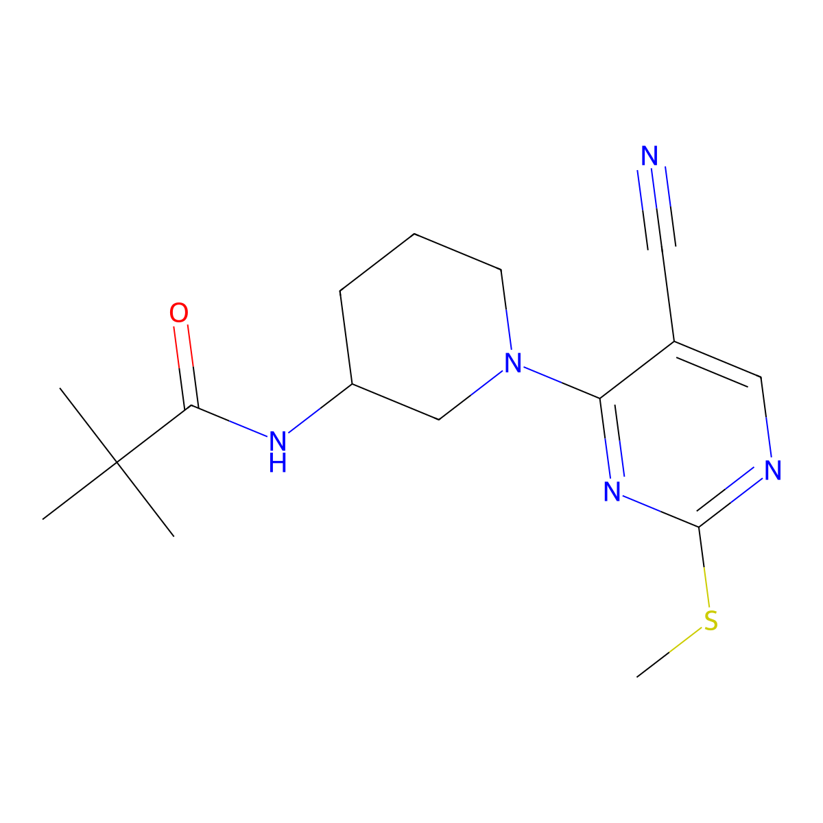 N-{1-[5-cyano-2-(methylsulfanyl)pyrimidin-4-yl]piperidin-3-yl}-2,2-dimethylpropanamide molecular structure, CAS 2770614-42-9
