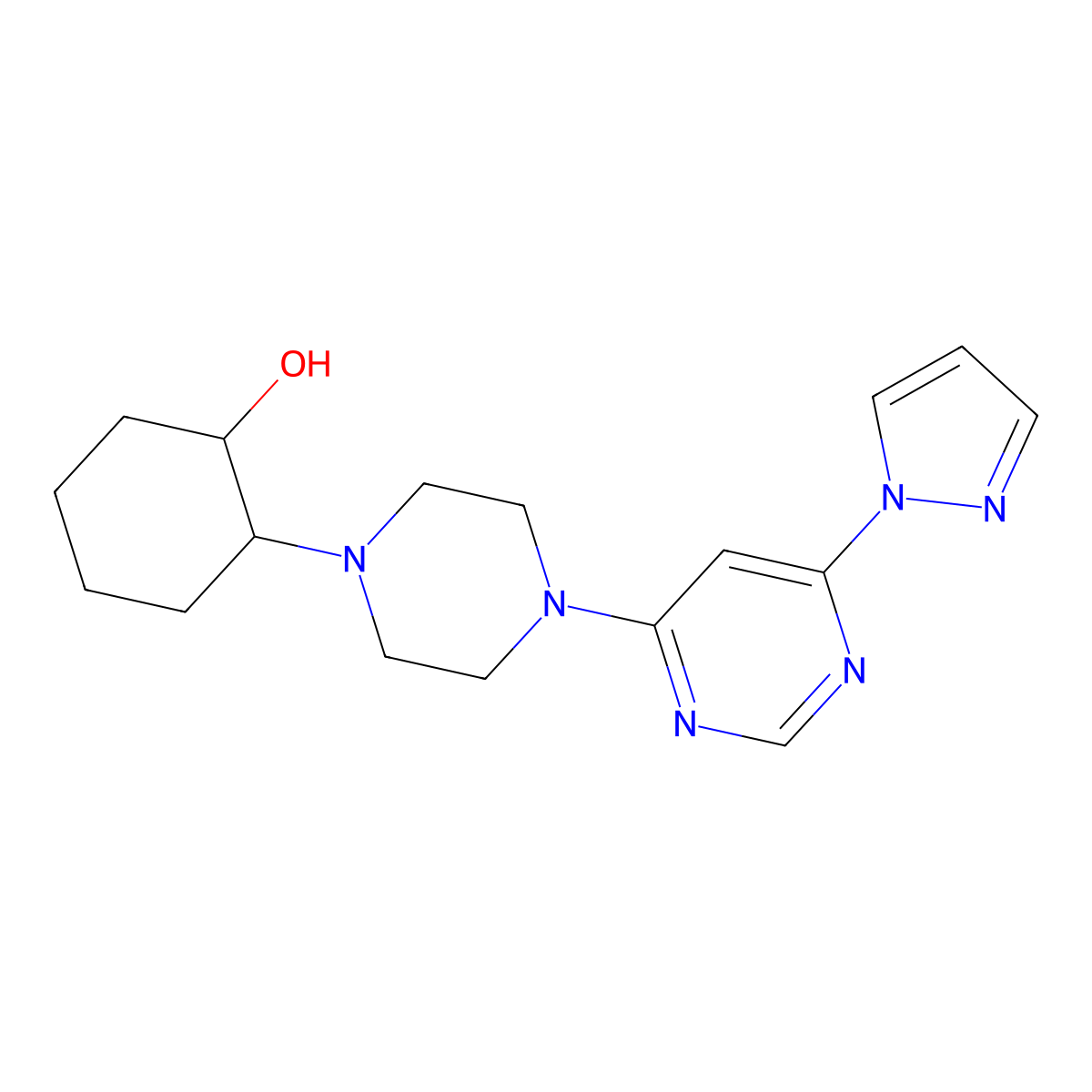 2-{4-[6-(1H-pyrazol-1-yl)pyrimidin-4-yl]piperazin-1-yl}cyclohexan-1-ol molecular structure, CAS 2770614-53-2