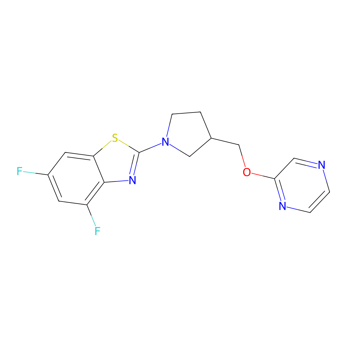 4,6-Difluoro-2-{3-[(pyrazin-2-yloxy)methyl]pyrrolidin-1-yl}-1,3-benzothiazole molecular structure, CAS 2770614-54-3