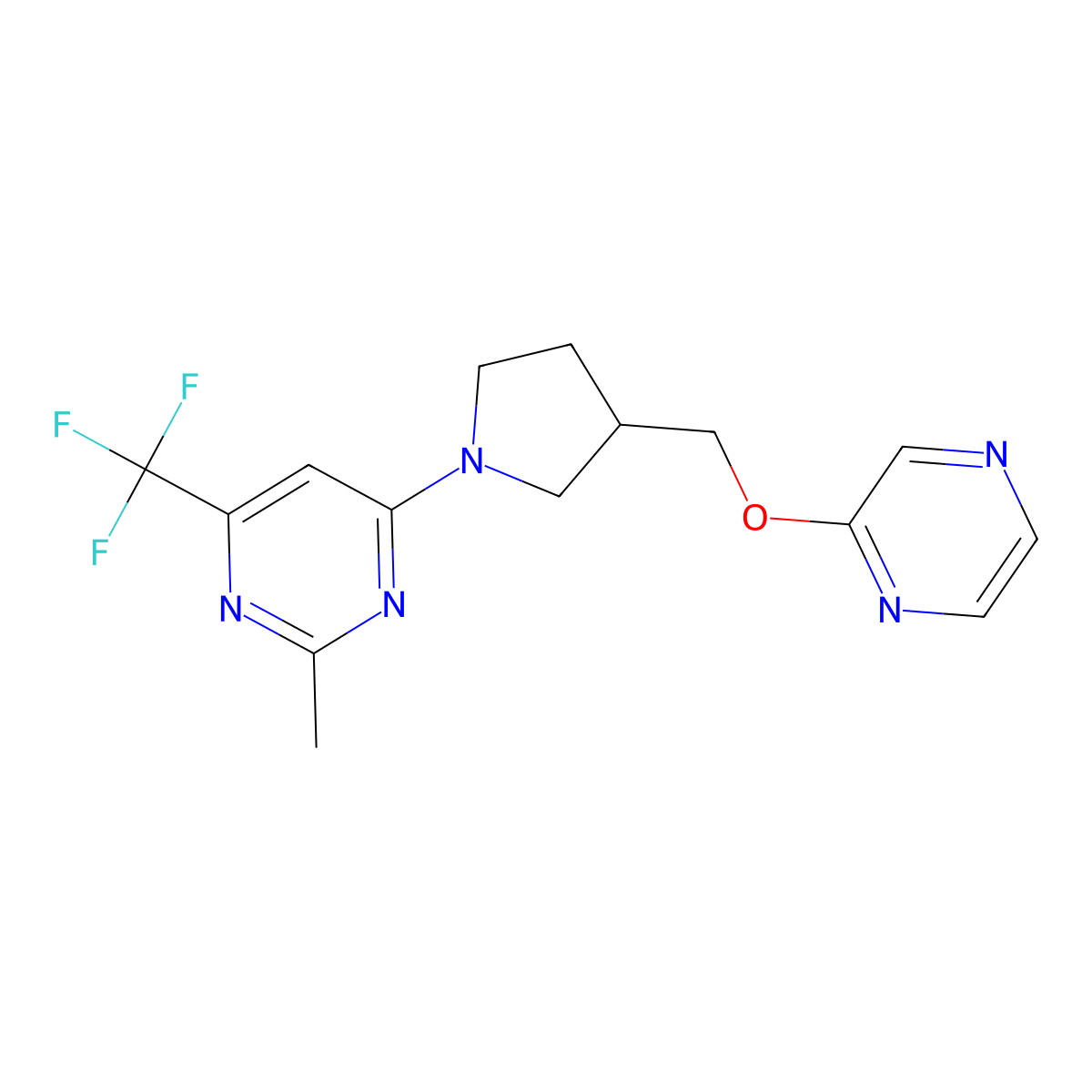 2-Methyl-4-{3-[(pyrazin-2-yloxy)methyl]pyrrolidin-1-yl}-6-(trifluoromethyl)pyrimidine molecular structure, CAS 2770614-55-4