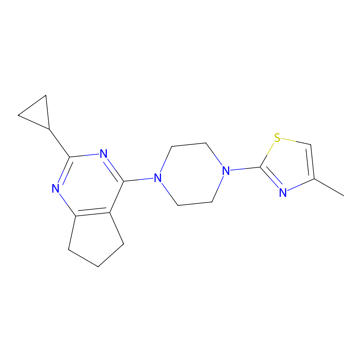 2-[4-(2-cyclopropyl-6,7-dihydro-5H-cyclopenta[d]pyrimidin-4-yl)piperazin-1-yl]-4-methyl-1,3-thiazole molecular structure, CAS 2770614-56-5