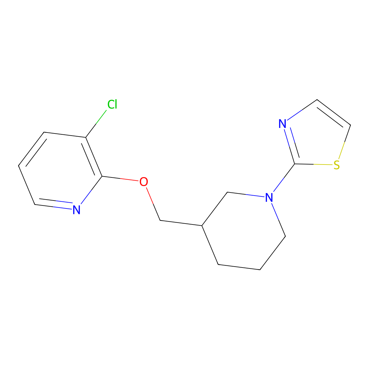 3-Chloro-2-{[1-(1,3-thiazol-2-yl)piperidin-3-yl]methoxy}pyridine molecular structure, CAS 2770614-60-1