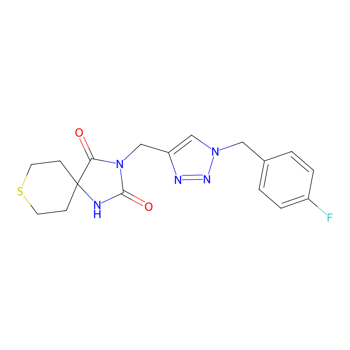 3-({1-[(4-fluorophenyl)methyl]-1H-1,2,3-triazol-4-yl}methyl)-8-thia-1,3-diazaspiro[4.5]decane-2,4-dione molecular structure, CAS 2770614-63-4
