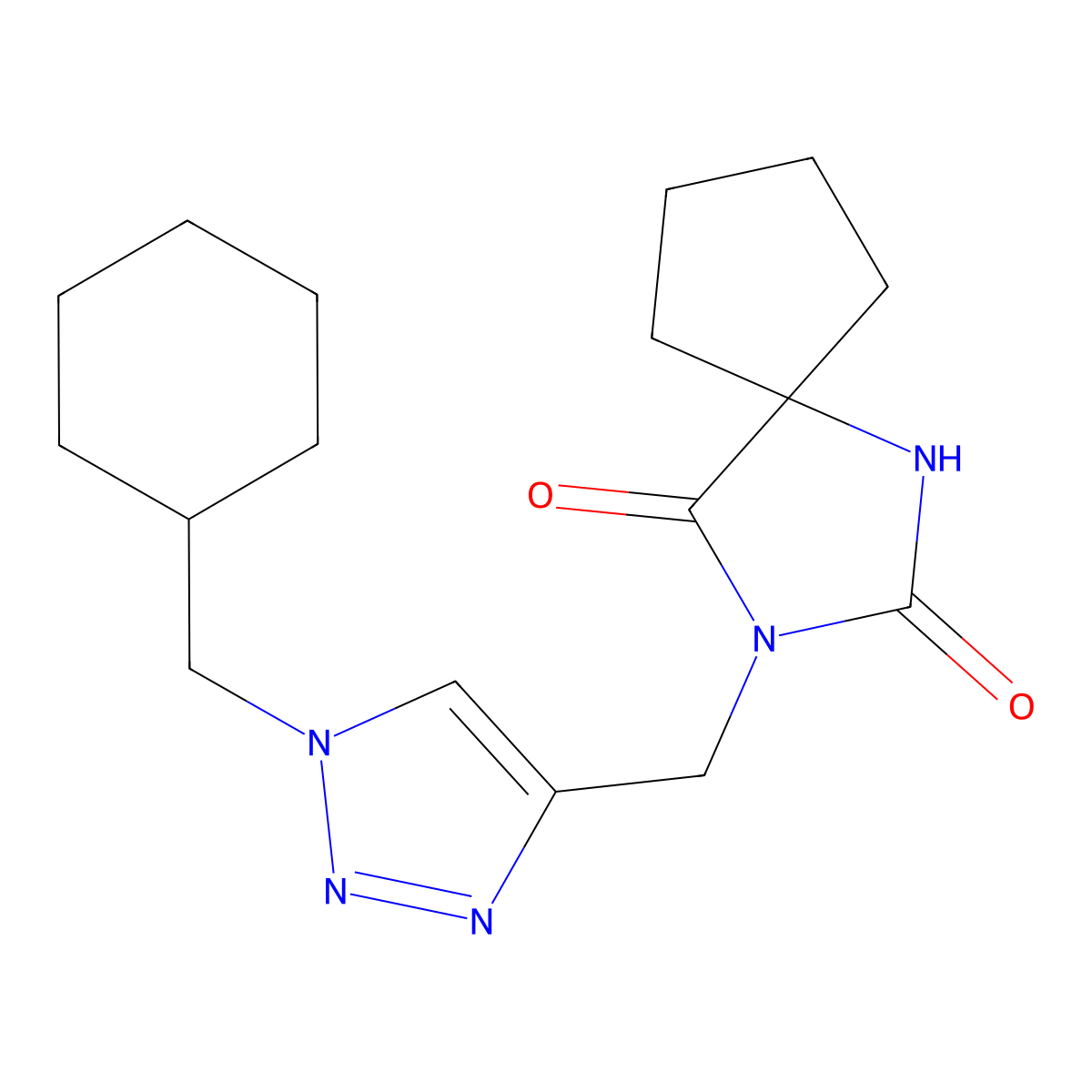 3-{[1-(cyclohexylmethyl)-1H-1,2,3-triazol-4-yl]methyl}-1,3-diazaspiro[4.4]nonane-2,4-dione molecular structure, CAS 2770614-85-0