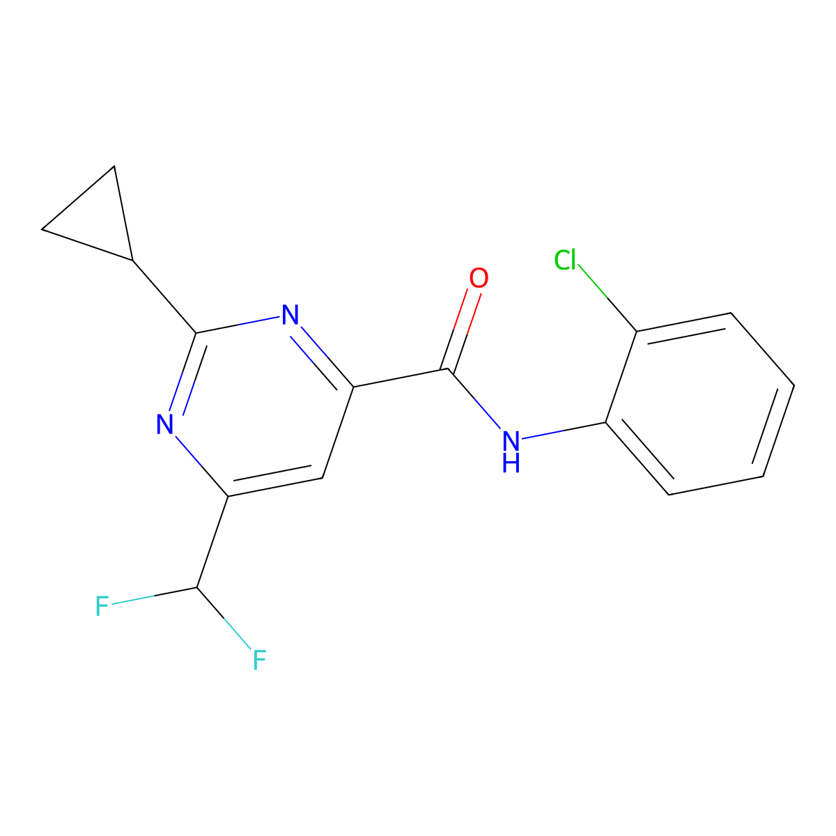 N-(2-chlorophenyl)-2-cyclopropyl-6-(difluoromethyl)pyrimidine-4-carboxamide molecular structure, CAS 2770614-93-0