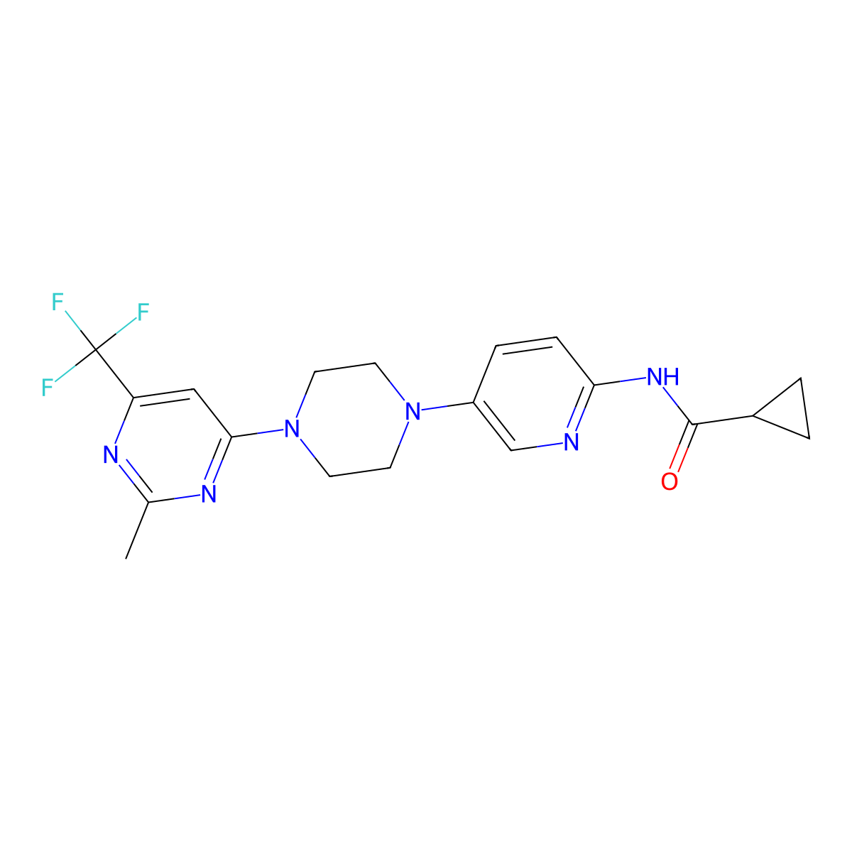 N-(5-{4-[2-methyl-6-(trifluoromethyl)pyrimidin-4-yl]piperazin-1-yl}pyridin-2-yl)cyclopropanecarboxamide molecular structure, CAS 2770614-96-3