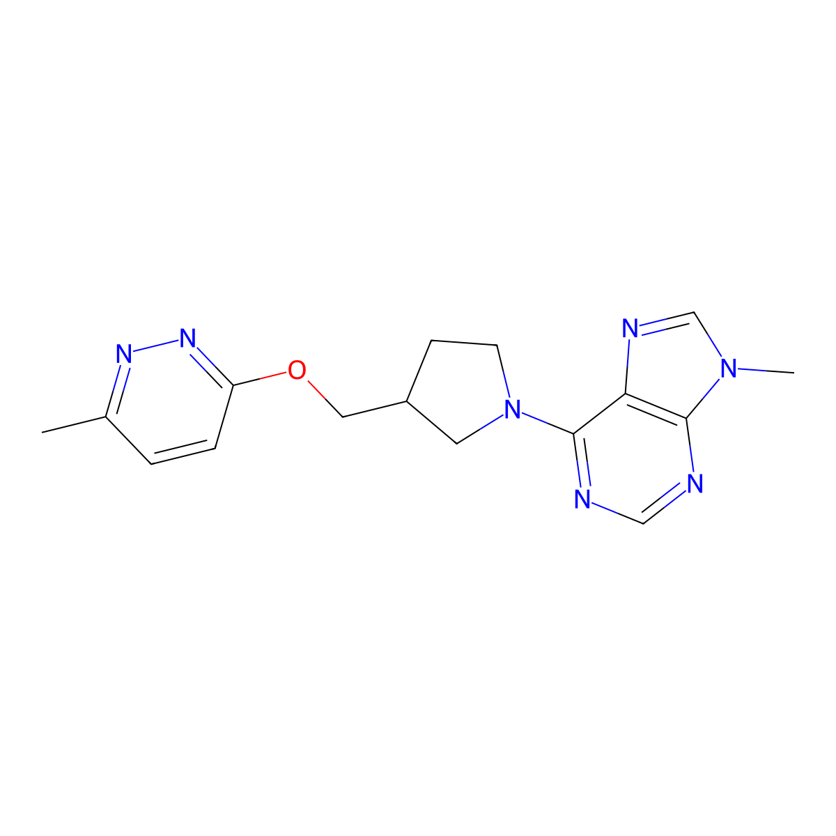 9-methyl-6-(3-{[(6-methylpyridazin-3-yl)oxy]methyl}pyrrolidin-1-yl)-9H-purine molecular structure, CAS 2770614-98-5