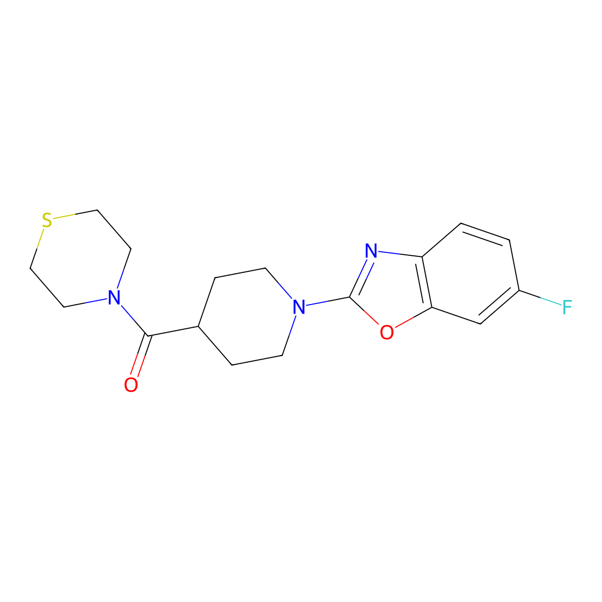 6-Fluoro-2-[4-(thiomorpholine-4-carbonyl)piperidin-1-yl]-1,3-benzoxazole molecular structure, CAS 2770615-01-3