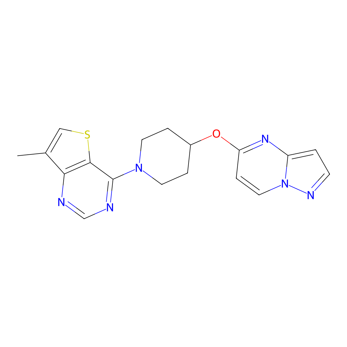 1-{7-Methylthieno[3,2-d]pyrimidin-4-yl}-4-{pyrazolo[1,5-a]pyrimidin-5-yloxy}piperidine molecular structure, CAS 2770615-07-9
