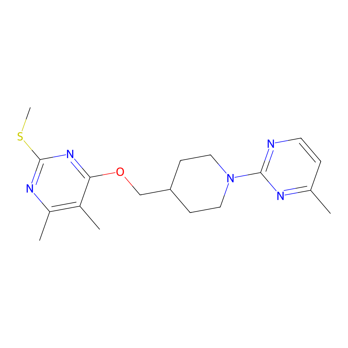 4,5-Dimethyl-6-{[1-(4-methylpyrimidin-2-yl)piperidin-4-yl]methoxy}-2-(methylsulfanyl)pyrimidine molecular structure, CAS 2770615-13-7