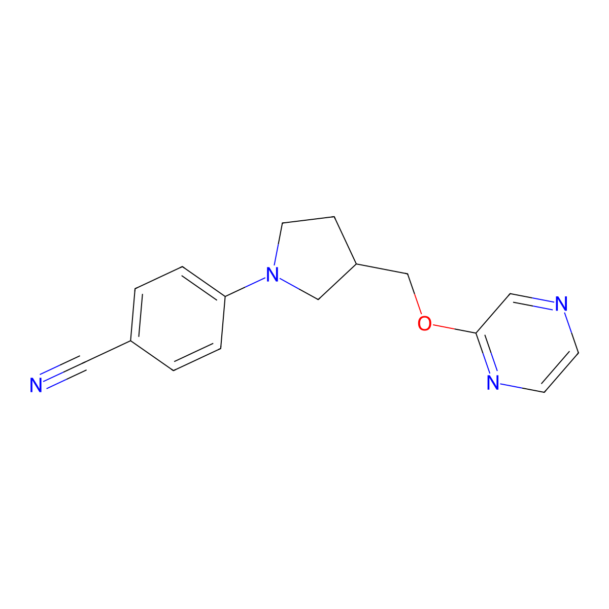 4-{3-[(Pyrazin-2-yloxy)methyl]pyrrolidin-1-yl}benzonitrile molecular structure, CAS 2770615-15-9