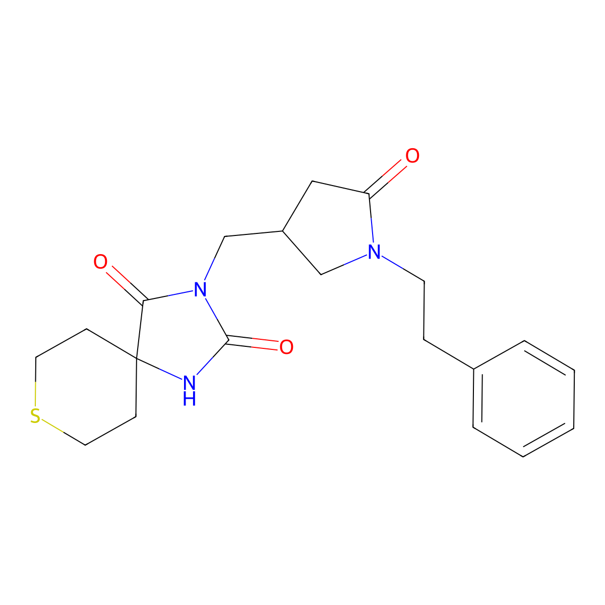 3-{[5-Oxo-1-(2-phenylethyl)pyrrolidin-3-yl]methyl}-8-thia-1,3-diazaspiro[4.5]decane-2,4-dione molecular structure, CAS 2770615-30-8