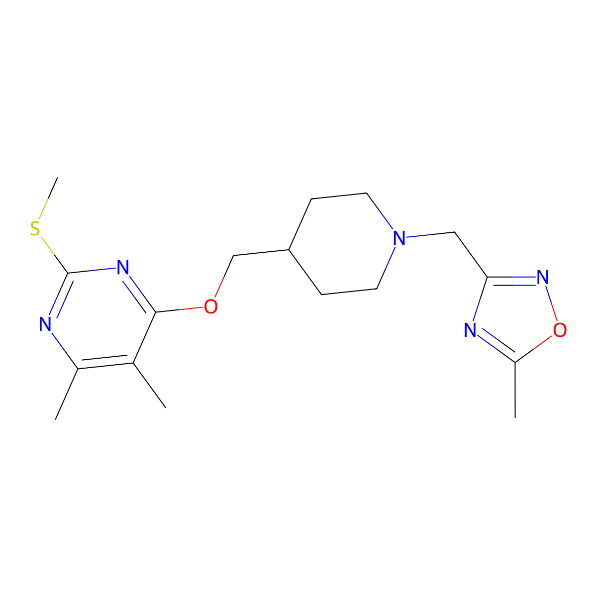 4,5-Dimethyl-6-({1-[(5-methyl-1,2,4-oxadiazol-3-yl)methyl]piperidin-4-yl}methoxy)-2-(methylsulfanyl)pyrimidine molecular structure, CAS 2770615-31-9