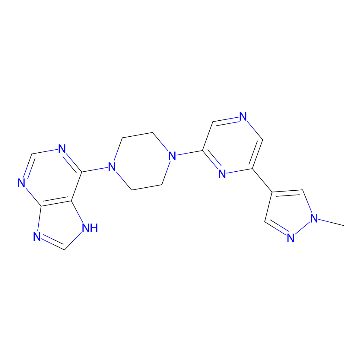 6-{4-[6-(1-methyl-1H-pyrazol-4-yl)pyrazin-2-yl]piperazin-1-yl}-9H-purine molecular structure, CAS 2770615-34-2