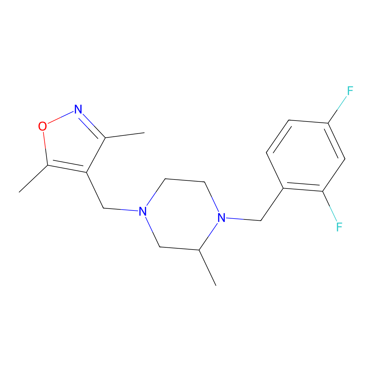 1-[(2,4-Difluorophenyl)methyl]-4-[(3,5-dimethyl-1,2-oxazol-4-yl)methyl]-2-methylpiperazine molecular structure, CAS 2770615-35-3