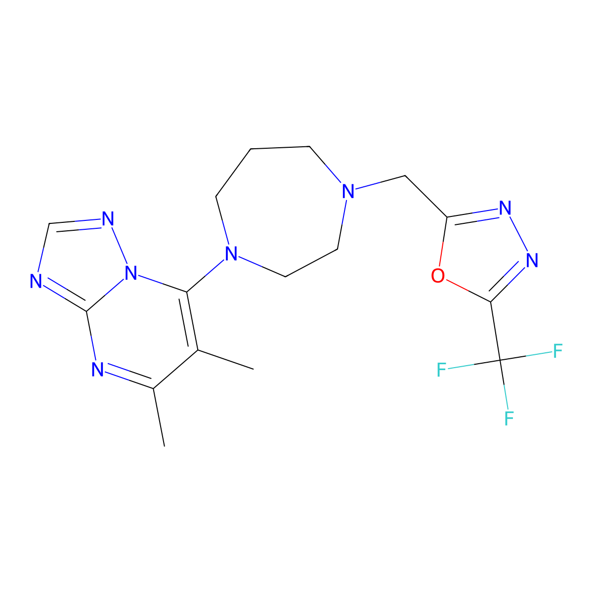 1-{5,6-Dimethyl-[1,2,4]triazolo[1,5-a]pyrimidin-7-yl}-4-{[5-(trifluoromethyl)-1,3,4-oxadiazol-2-yl]methyl}-1,4-diazepane molecular structure, CAS 2770615-42-2