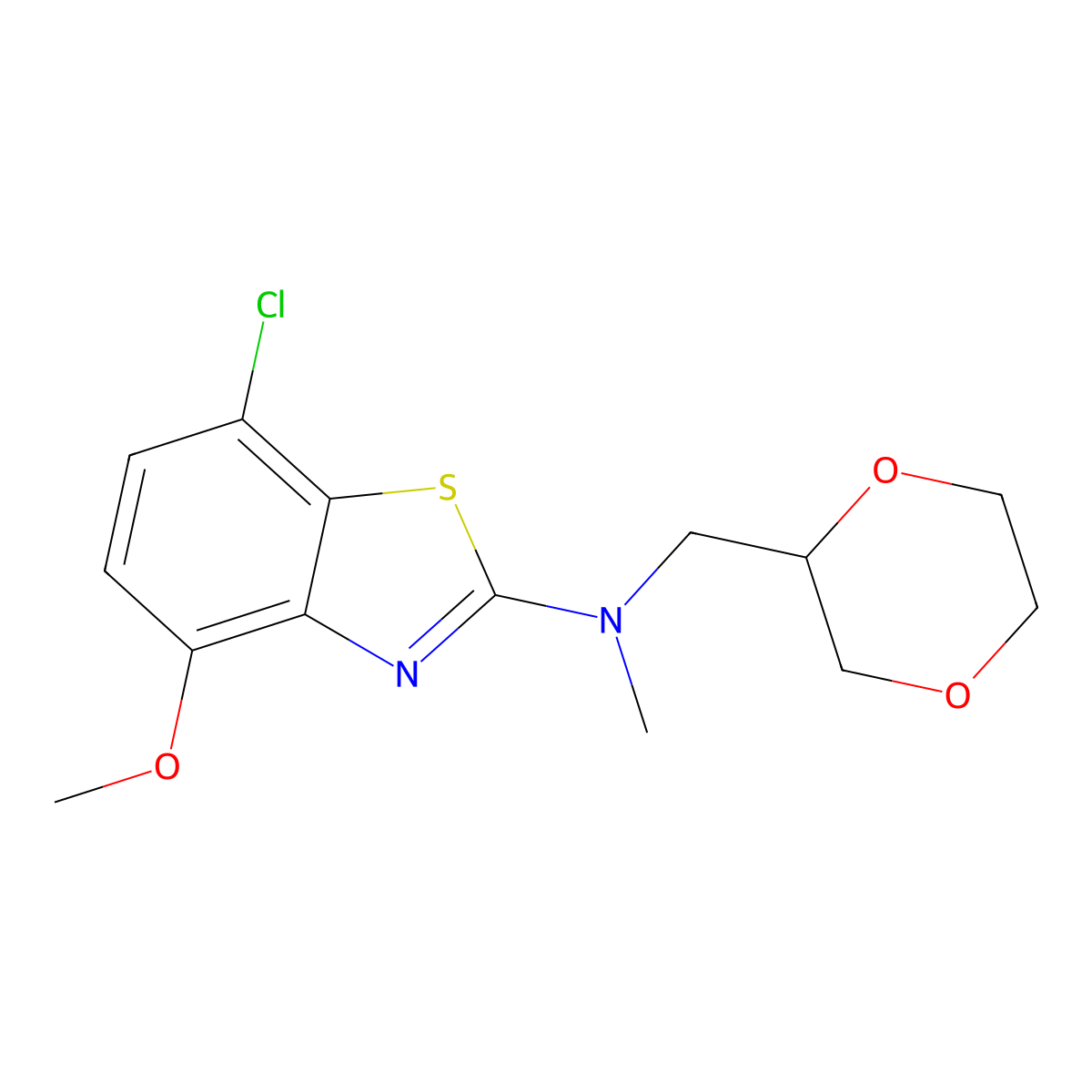 7-chloro-N-[(1,4-dioxan-2-yl)methyl]-4-methoxy-N-methyl-1,3-benzothiazol-2-amine molecular structure, CAS 2770615-43-3