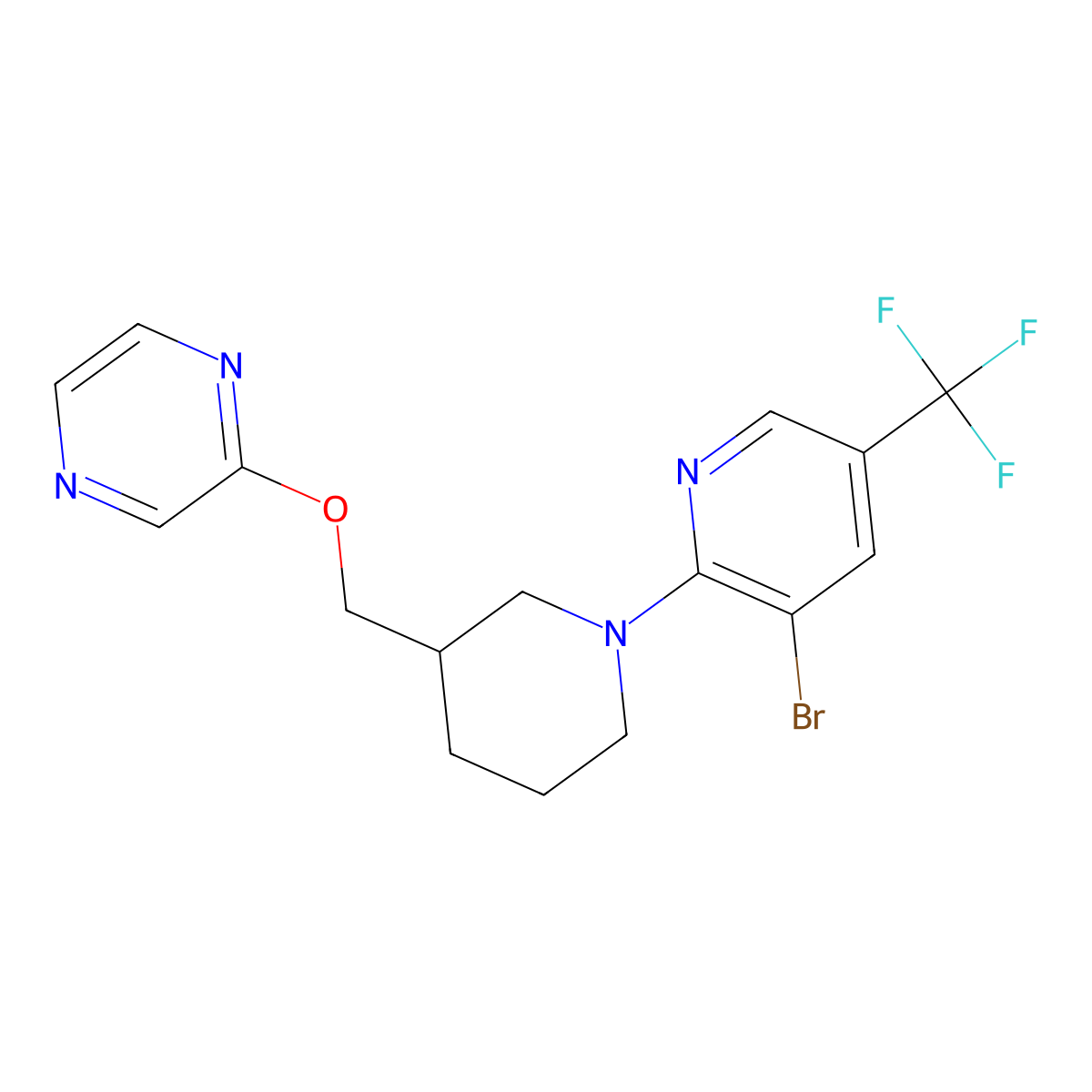2-({1-[3-Bromo-5-(trifluoromethyl)pyridin-2-yl]piperidin-3-yl}methoxy)pyrazine molecular structure, CAS 2770615-47-7