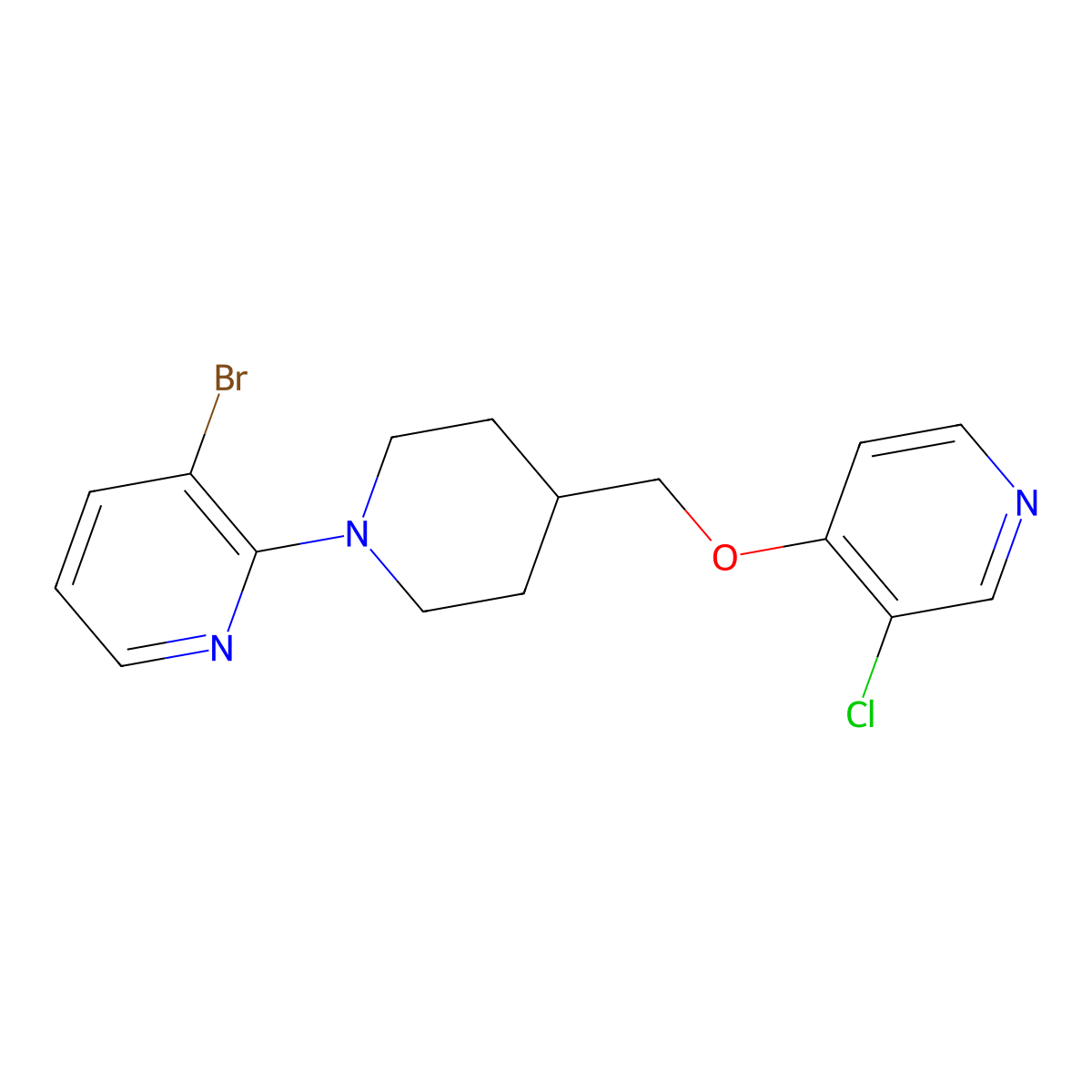 3-Bromo-2-(4-{[(3-chloropyridin-4-yl)oxy]methyl}piperidin-1-yl)pyridine molecular structure, CAS 2770615-53-5