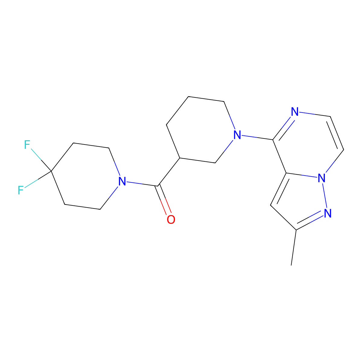 3-(4,4-Difluoropiperidine-1-carbonyl)-1-{2-methylpyrazolo[1,5-a]pyrazin-4-yl}piperidine molecular structure, CAS 2770615-60-4
