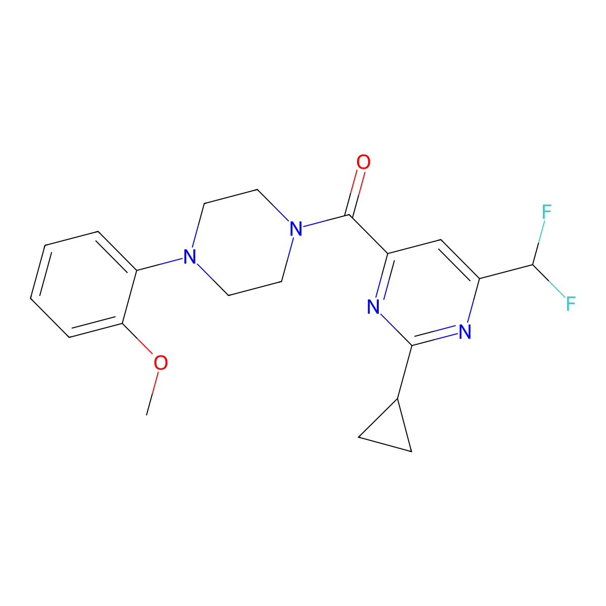 2-Cyclopropyl-4-(difluoromethyl)-6-[4-(2-methoxyphenyl)piperazine-1-carbonyl]pyrimidine molecular structure, CAS 2770615-68-2