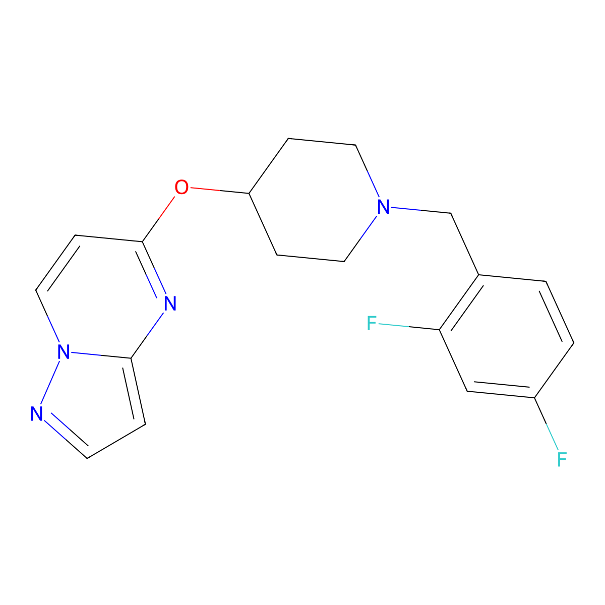 1-[(2,4-Difluorophenyl)methyl]-4-{pyrazolo[1,5-a]pyrimidin-5-yloxy}piperidine molecular structure, CAS 2770615-69-3