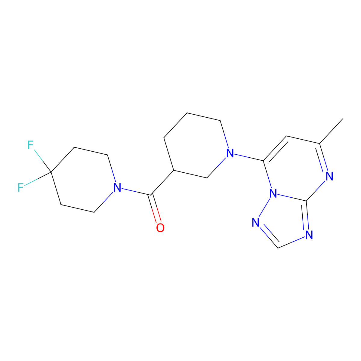 3-(4,4-Difluoropiperidine-1-carbonyl)-1-{5-methyl-[1,2,4]triazolo[1,5-a]pyrimidin-7-yl}piperidine molecular structure, CAS 2770615-72-8