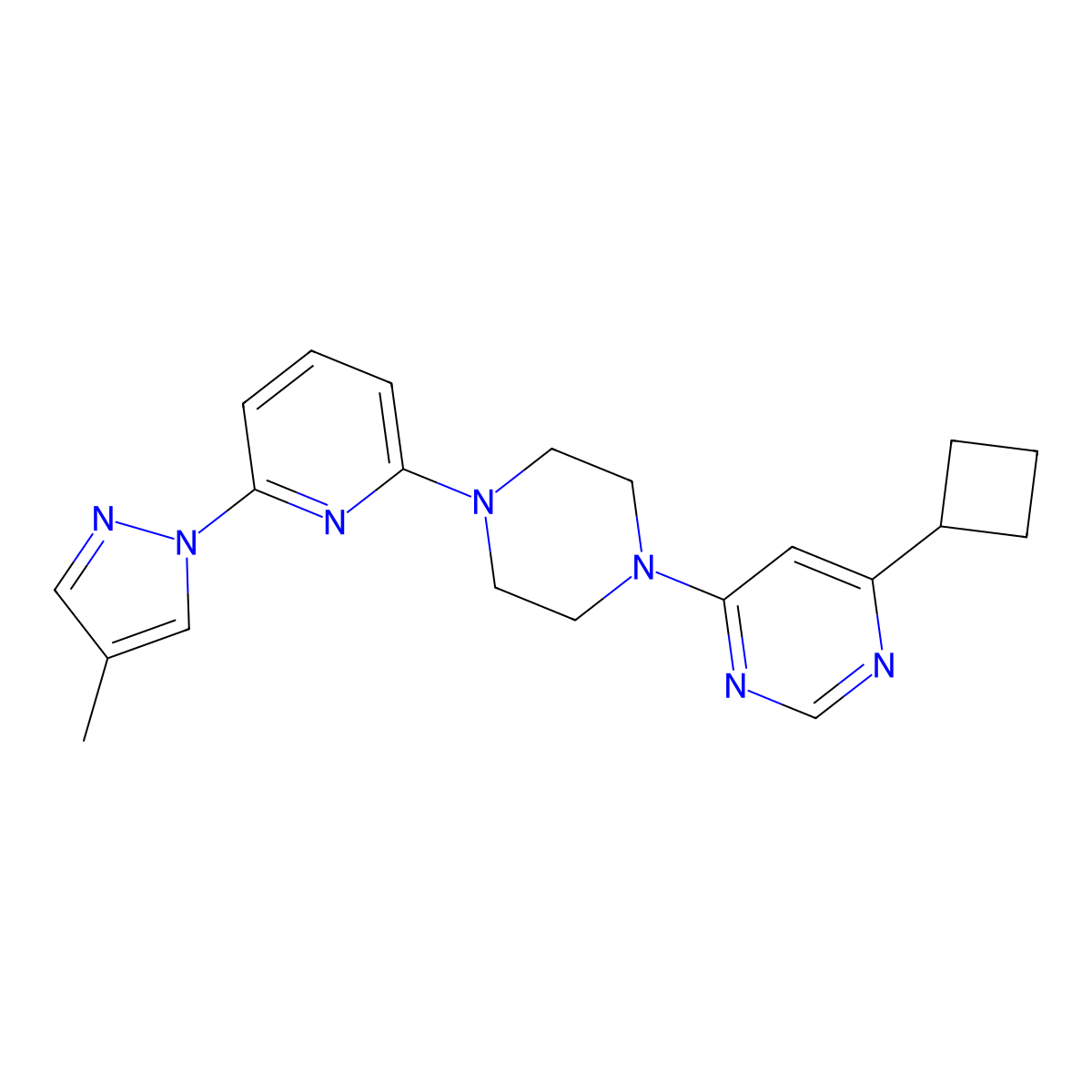 4-cyclobutyl-6-{4-[6-(4-methyl-1H-pyrazol-1-yl)pyridin-2-yl]piperazin-1-yl}pyrimidine molecular structure, CAS 2770615-85-3