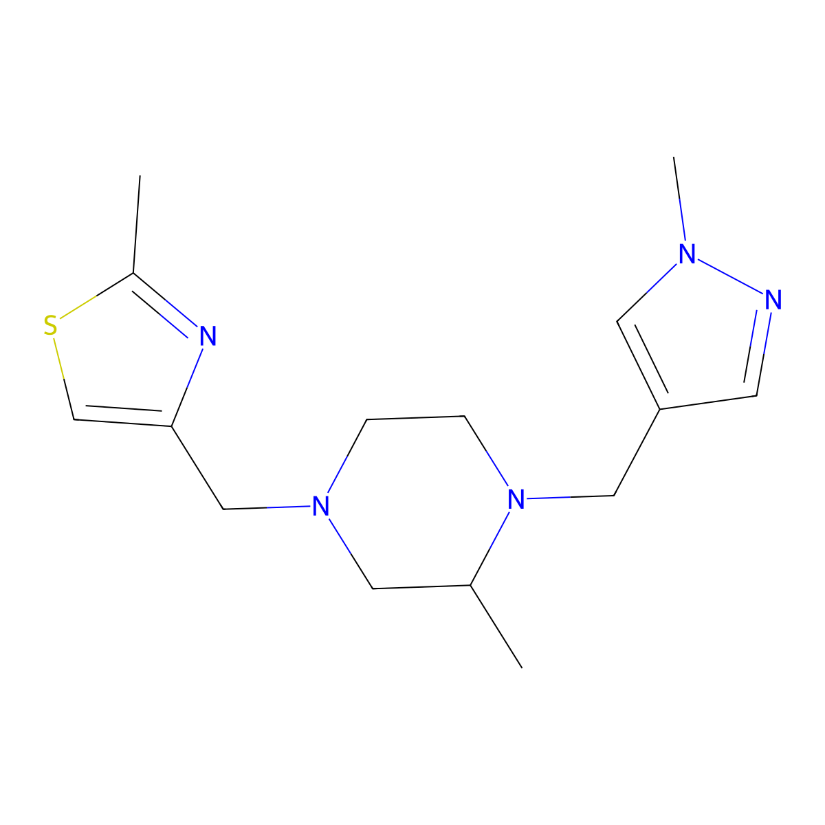 2-methyl-4-[(2-methyl-1,3-thiazol-4-yl)methyl]-1-[(1-methyl-1H-pyrazol-4-yl)methyl]piperazine molecular structure, CAS 2770615-93-3