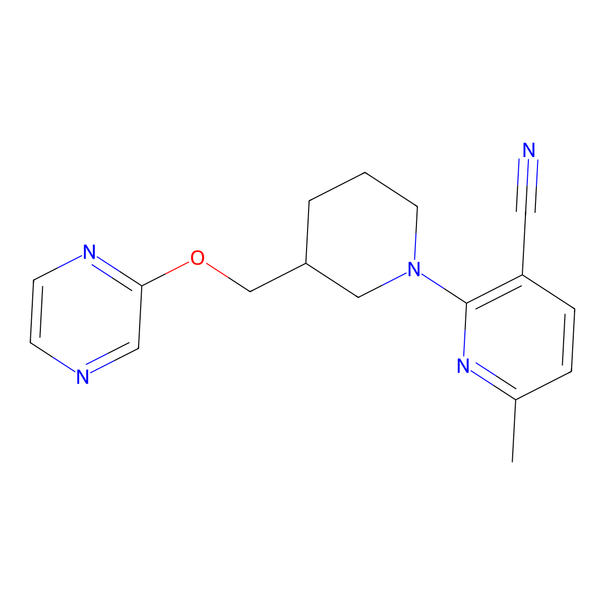 6-Methyl-2-{3-[(pyrazin-2-yloxy)methyl]piperidin-1-yl}pyridine-3-carbonitrile molecular structure, CAS 2770615-95-5