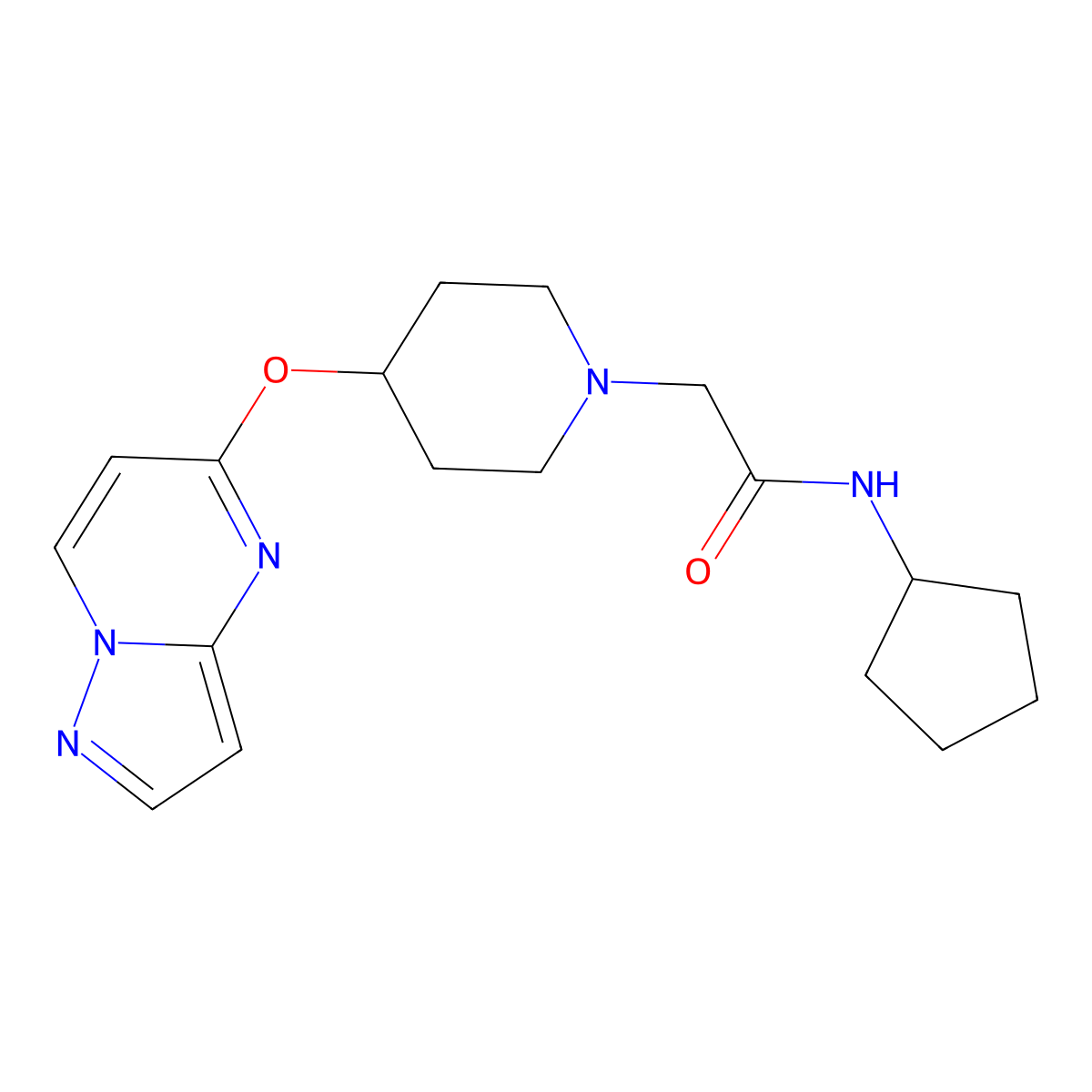 N-cyclopentyl-2-(4-{pyrazolo[1,5-a]pyrimidin-5-yloxy}piperidin-1-yl)acetamide molecular structure, CAS 2770615-99-9