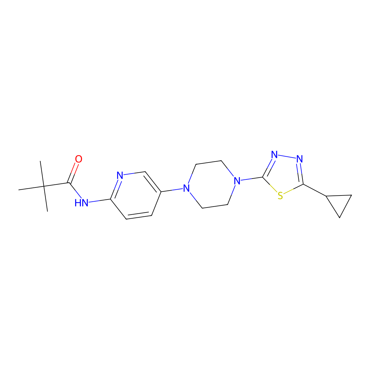 N-{5-[4-(5-cyclopropyl-1,3,4-thiadiazol-2-yl)piperazin-1-yl]pyridin-2-yl}-2,2-dimethylpropanamide molecular structure, CAS 2770616-04-9