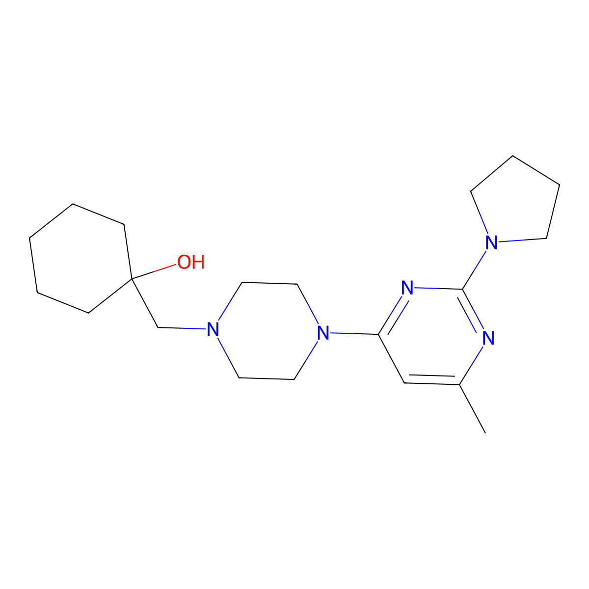 1-({4-[6-Methyl-2-(pyrrolidin-1-yl)pyrimidin-4-yl]piperazin-1-yl}methyl)cyclohexan-1-ol molecular structure, CAS 2770616-06-1