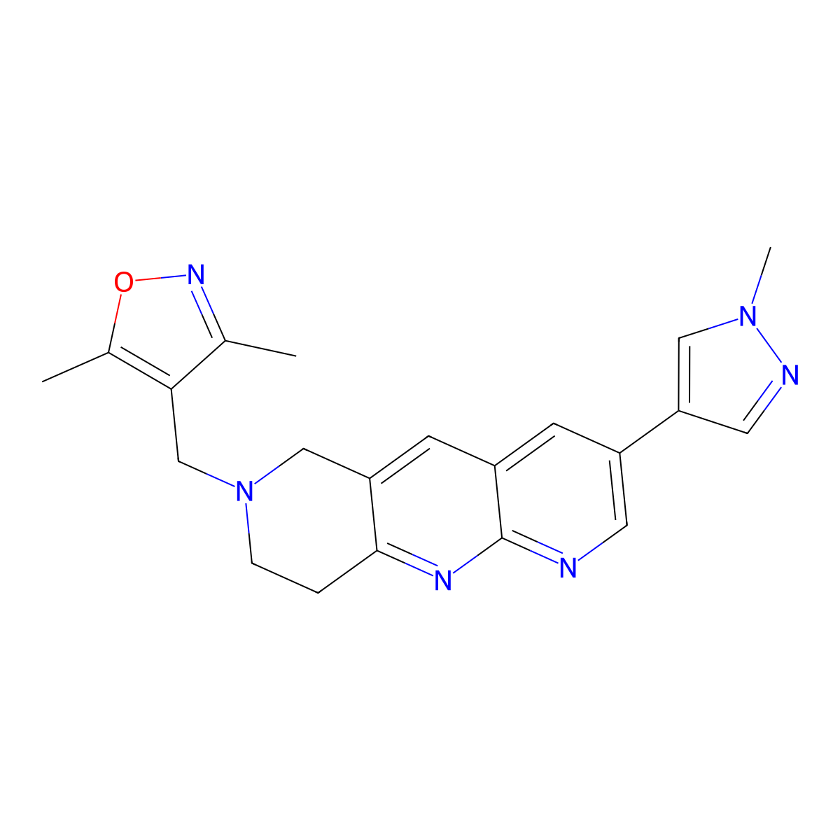3,5-dimethyl-4-{[3-(1-methyl-1H-pyrazol-4-yl)-6H,7H,8H,9H-pyrido[2,3-b]1,6-naphthyridin-7-yl]methyl}-1,2-oxazole molecular structure, CAS 2770616-07-2