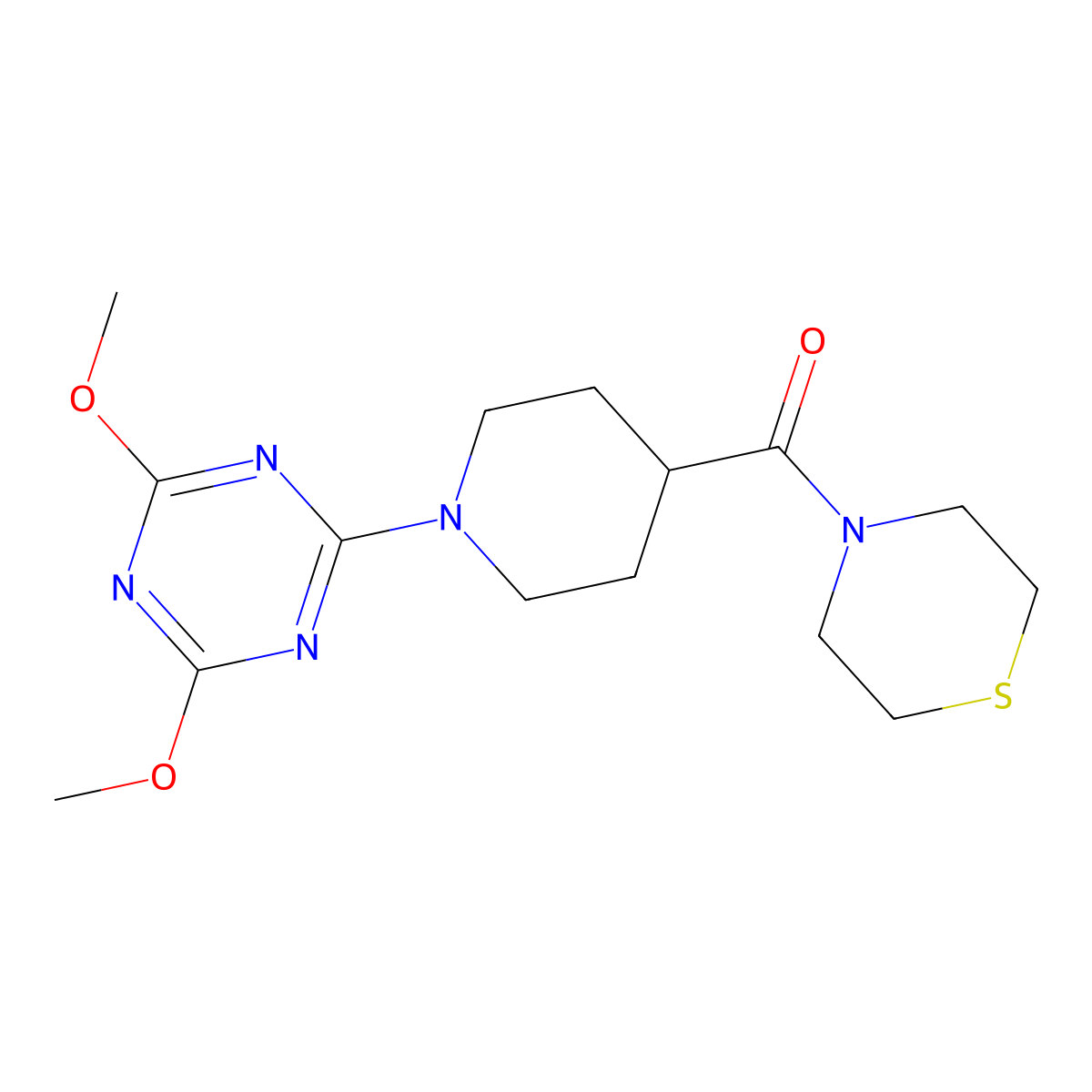 2,4-Dimethoxy-6-[4-(thiomorpholine-4-carbonyl)piperidin-1-yl]-1,3,5-triazine molecular structure, CAS 2770616-14-1