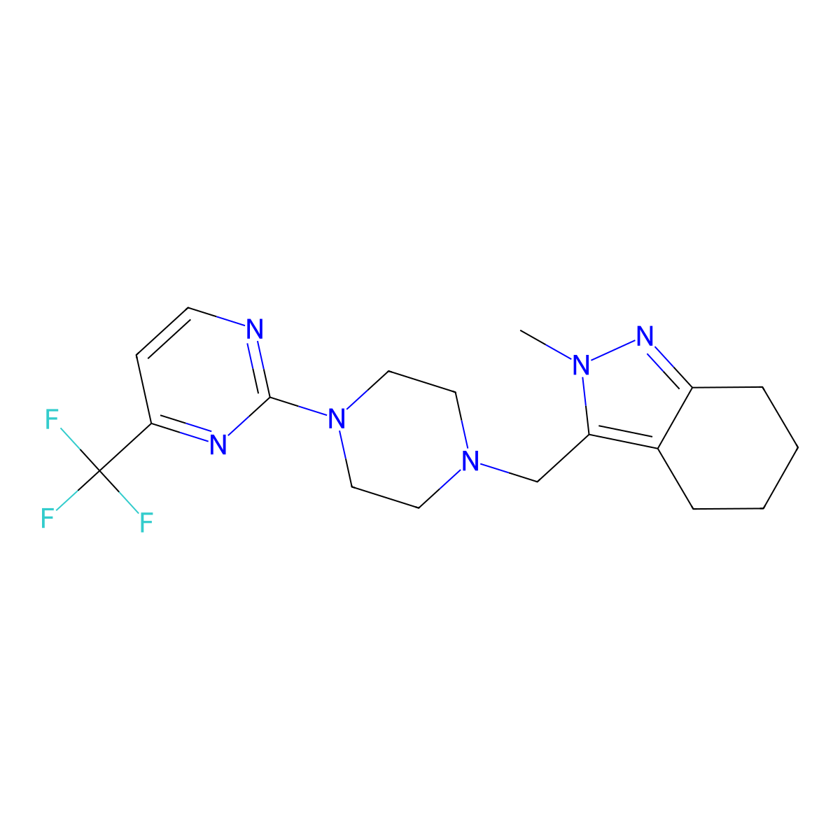 2-methyl-3-({4-[4-(trifluoromethyl)pyrimidin-2-yl]piperazin-1-yl}methyl)-4,5,6,7-tetrahydro-2H-indazole molecular structure, CAS 2770616-20-9